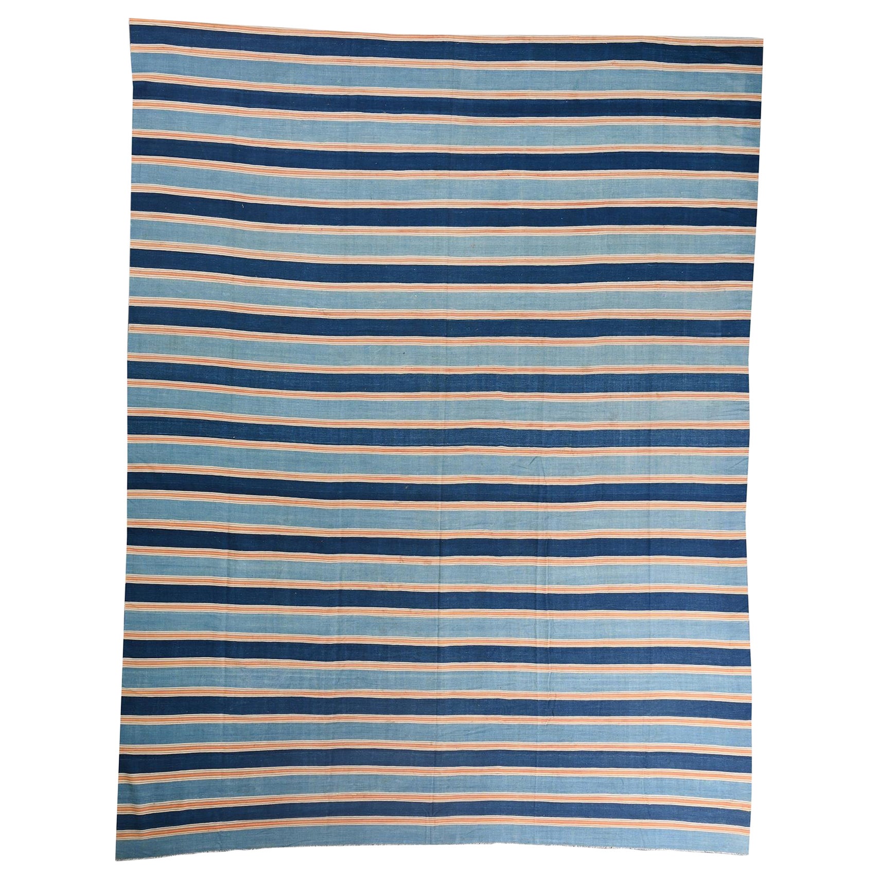 Vintage Dhurrie Flat Weave in Blue Stripes by Rug & Kilim For Sale