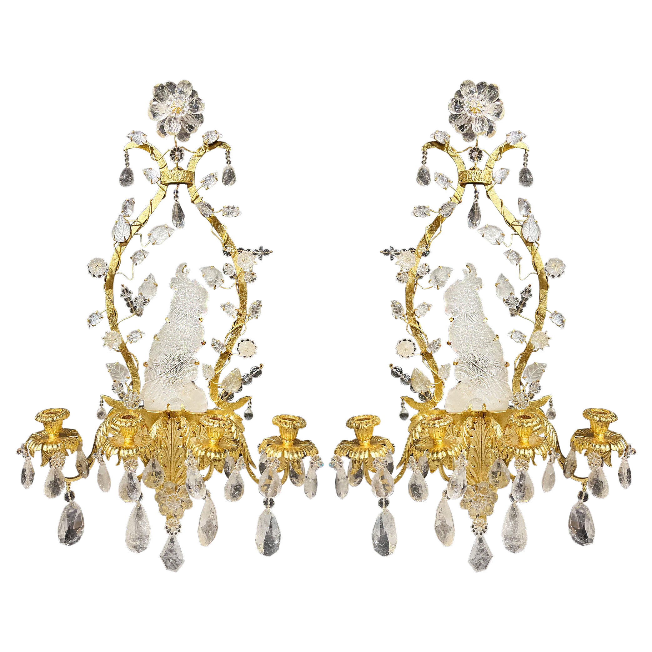 Pair of Four Light Cut Crystal and Gilt Bronze Perched Parrot Sconces
