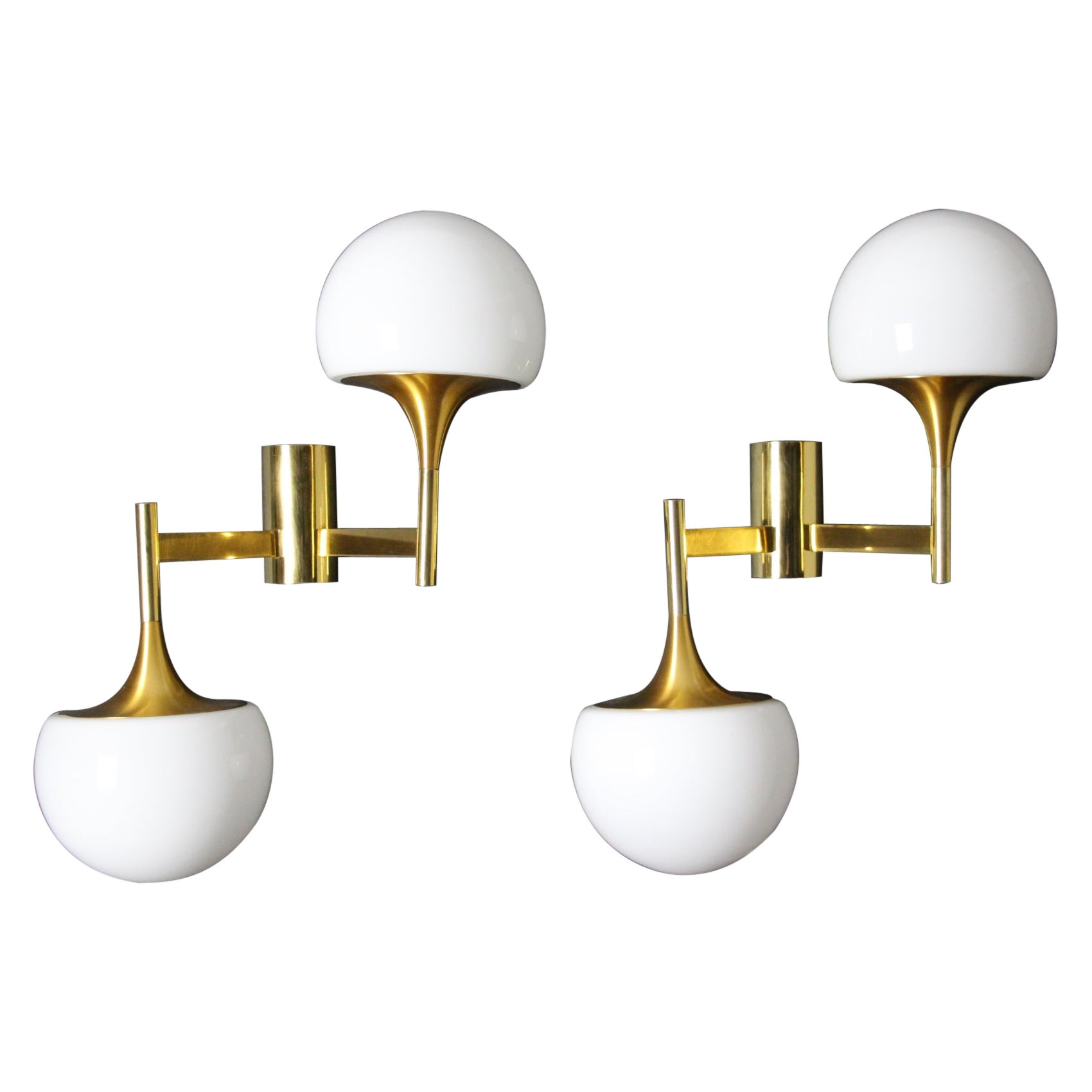 Mid-Century Pair of Brass and White Glass Sconces Stilnovo Sciolari, Wall Lights For Sale