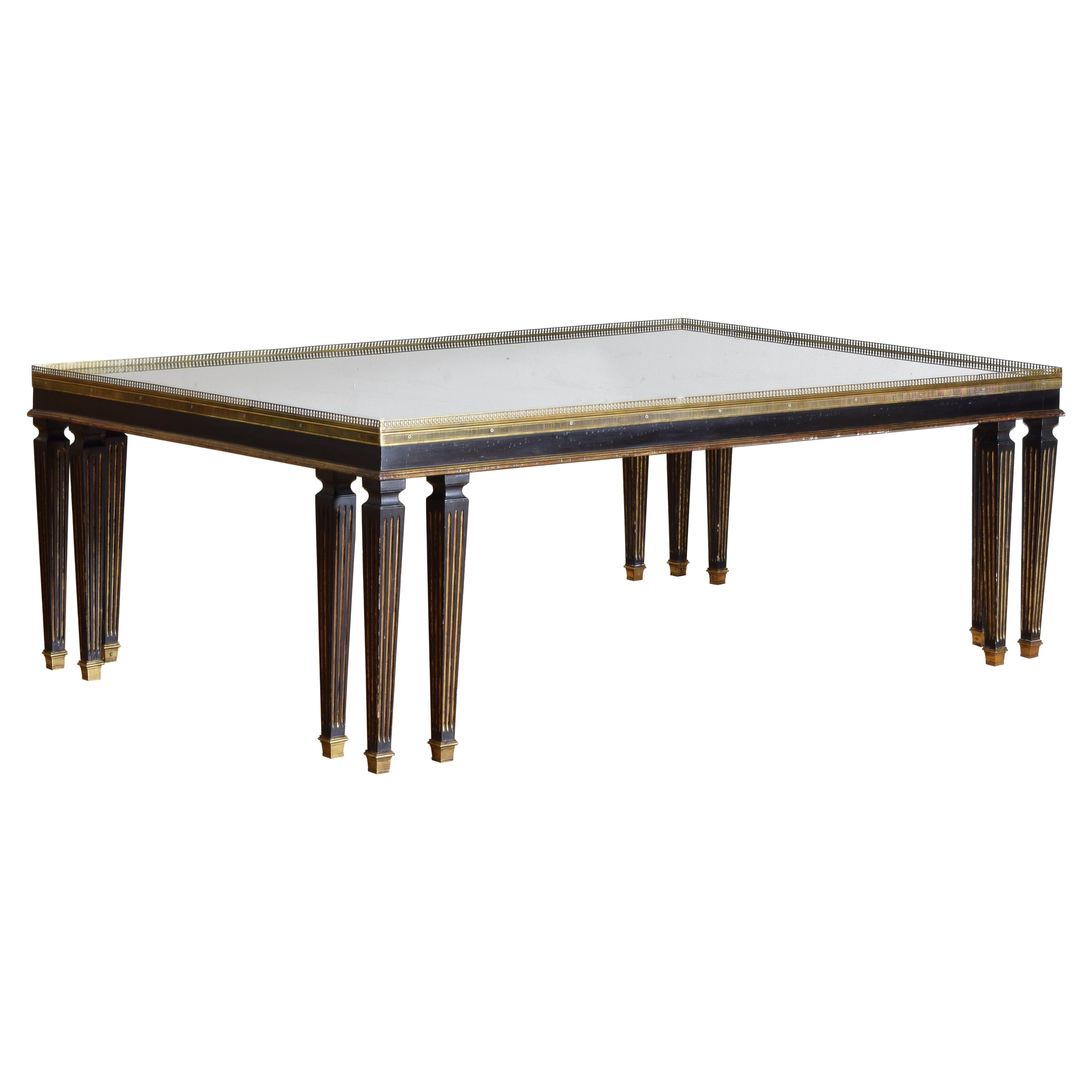 French Louis XVI Style Large Ebonized, Brass, and Tinted Glass Coffee Table, 20c