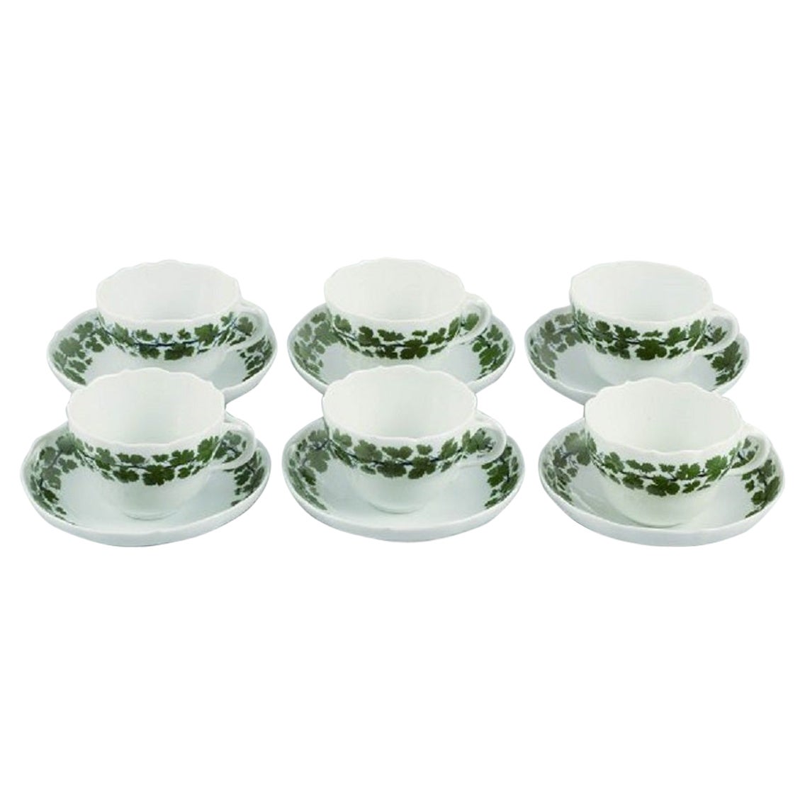 Six Meissen Green Ivy Vine Leaf Coffee Cups with Saucers in Porcela For Sale