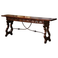 Vintage Mid-Century, Spanish Baroque Carved Pine and Iron Console Table with Drawers