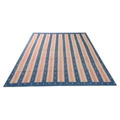 Vintage Dhurrie Flat Weave in Blue and Peach Stripes Patterns by Rug & Kilim