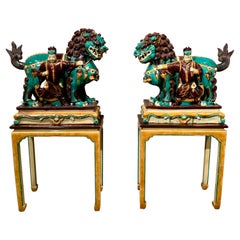 Pair Chinese Ming Dynasty Glazed Buddhist Lions and Attendants, 17th Century