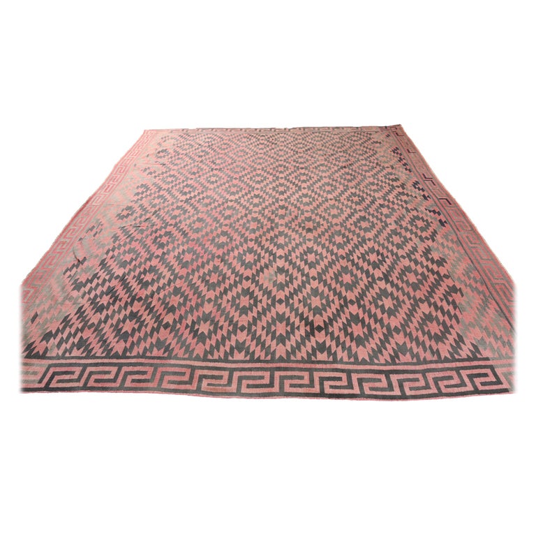 Vintage Dhurrie Flat Weave in Pink with Brown Geometric Patterns by Rug and Kilim For Sale at
