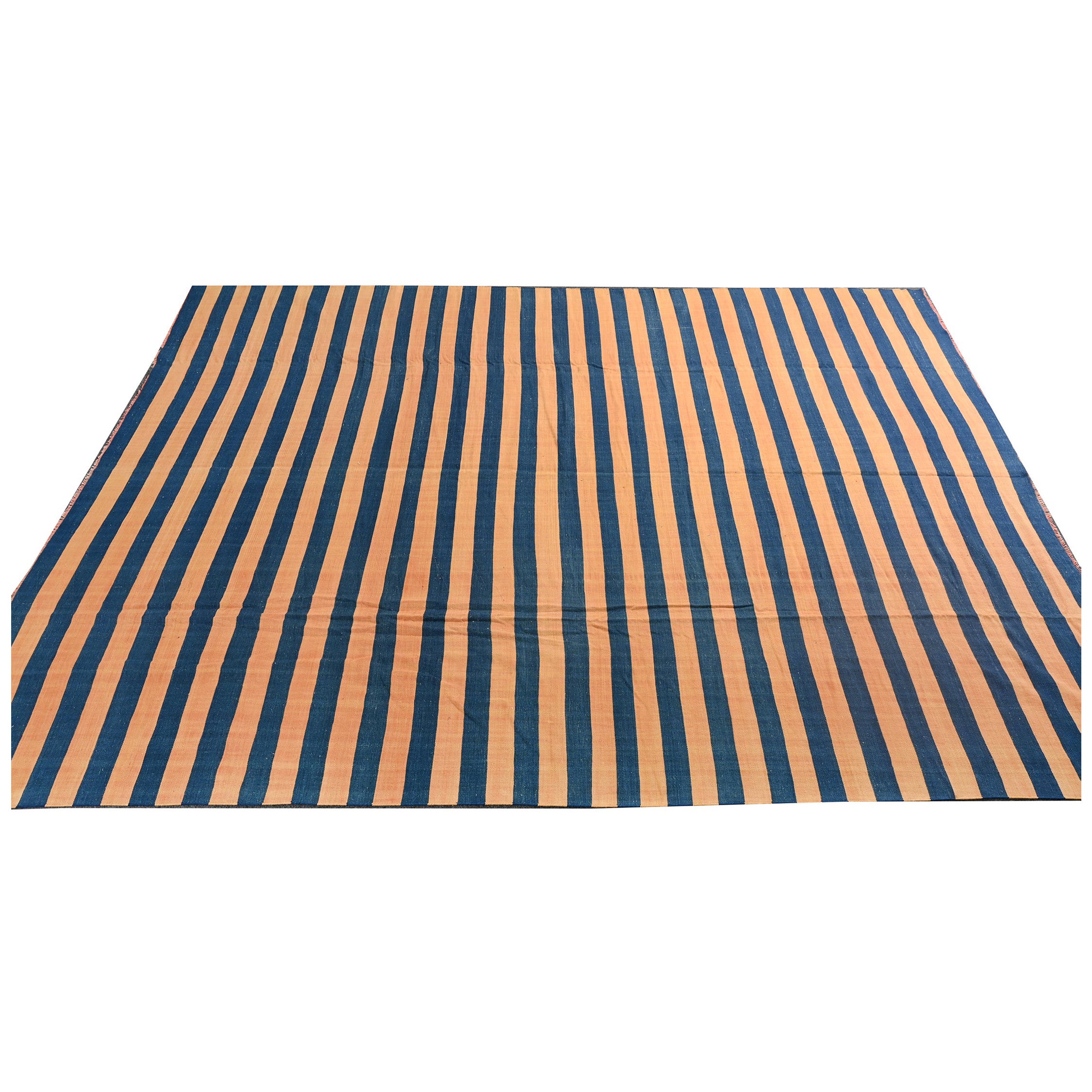 Tapis Dhurrie tissage plat vintage à rayures bleues et orange par Kilim