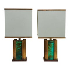 Pair of Brass + Marbled Green Glass Table Lamps by Romeo Rega, Italy 1970s
