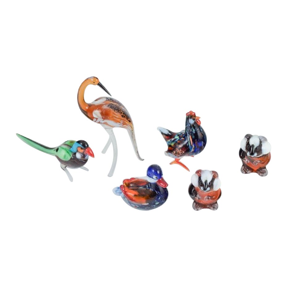 Murano, Italien, eine Sammlung von sechs Miniatur-Glasfiguren mit Tiermotiven