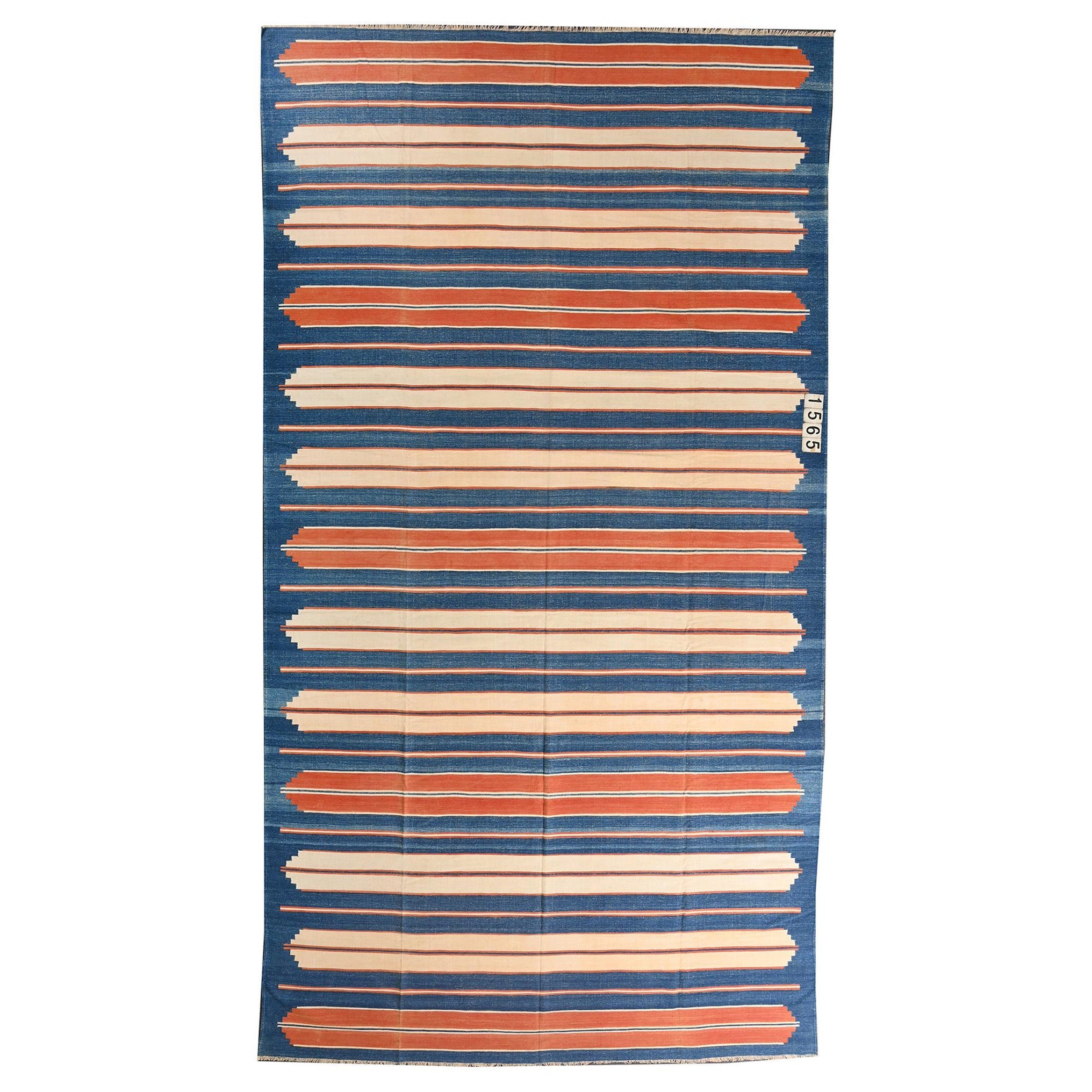 Vintage Dhurrie Flat Weave in Blue and Orange Stripes Patterns by Rug & Kilim For Sale