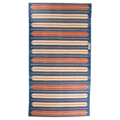 Vintage Dhurrie Flat Weave in Blue and Orange Stripes Patterns by Rug & Kilim