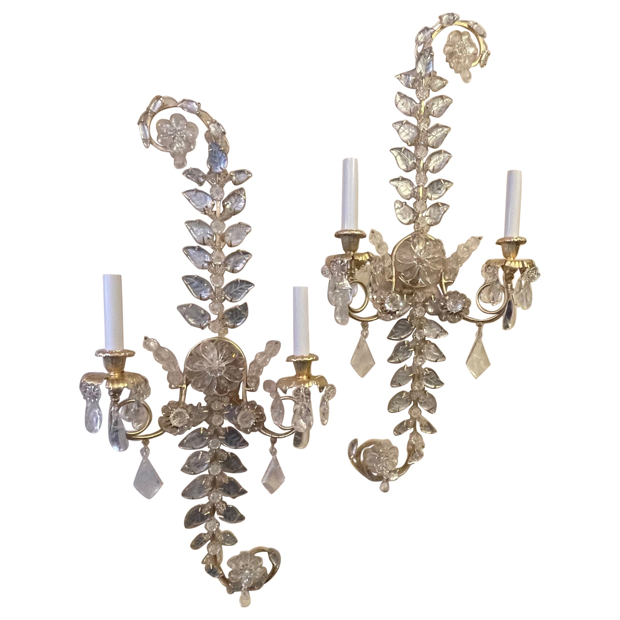 Wonderful Pair French Gold Gilt Rock Crystal Leaf Paisley Maison Baguès Sconces For Sale