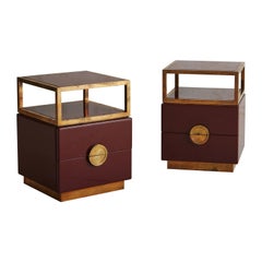Pair of Burgundy Lacquer + Brass Side Tables, France 20th Century