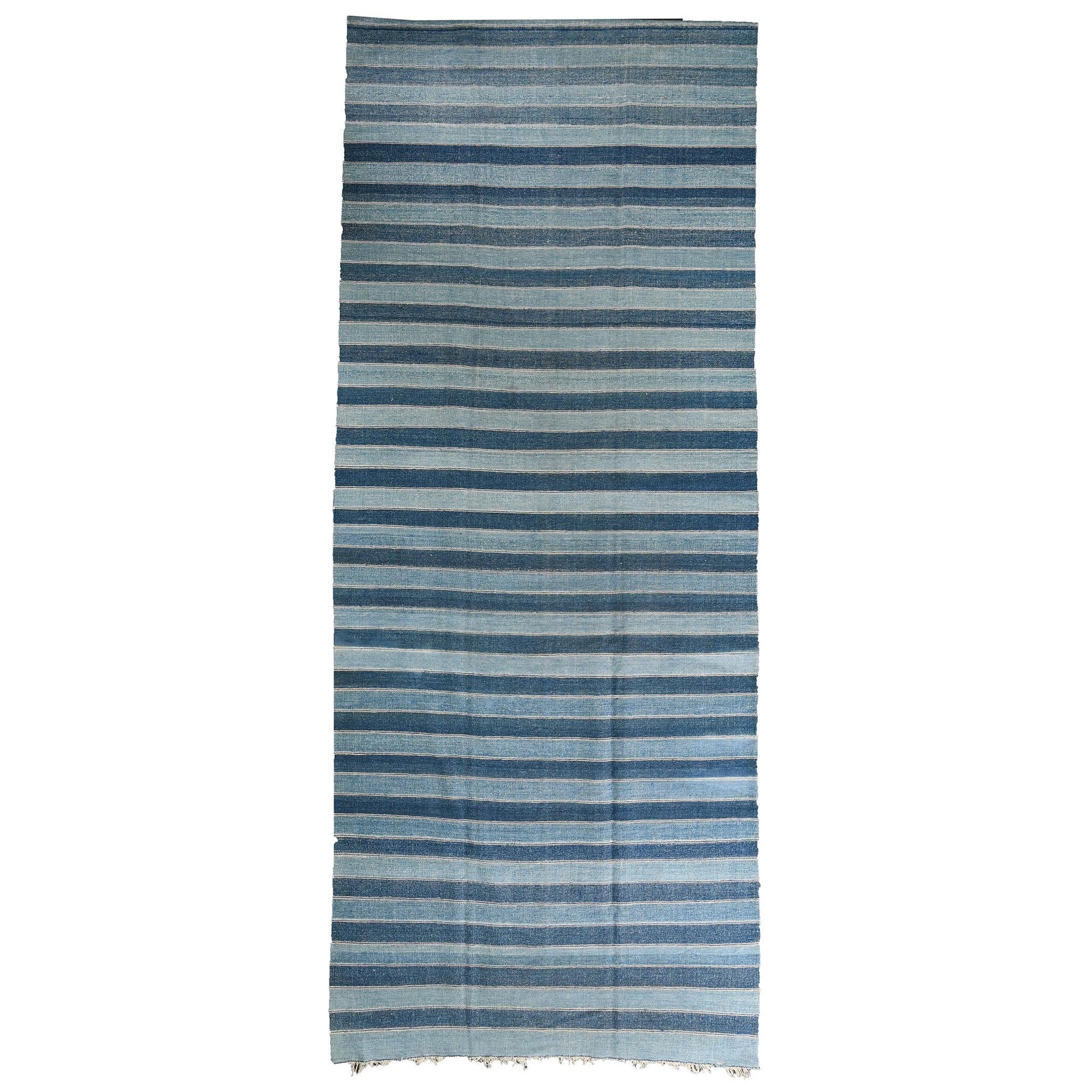 Extra-Long Vintage Dhurrie Flat Weave in Blue Stripes by Rug & Kilim For Sale