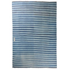 Extra-Long Vintage Dhurrie Flat Weave in Blue Stripes by Rug & Kilim