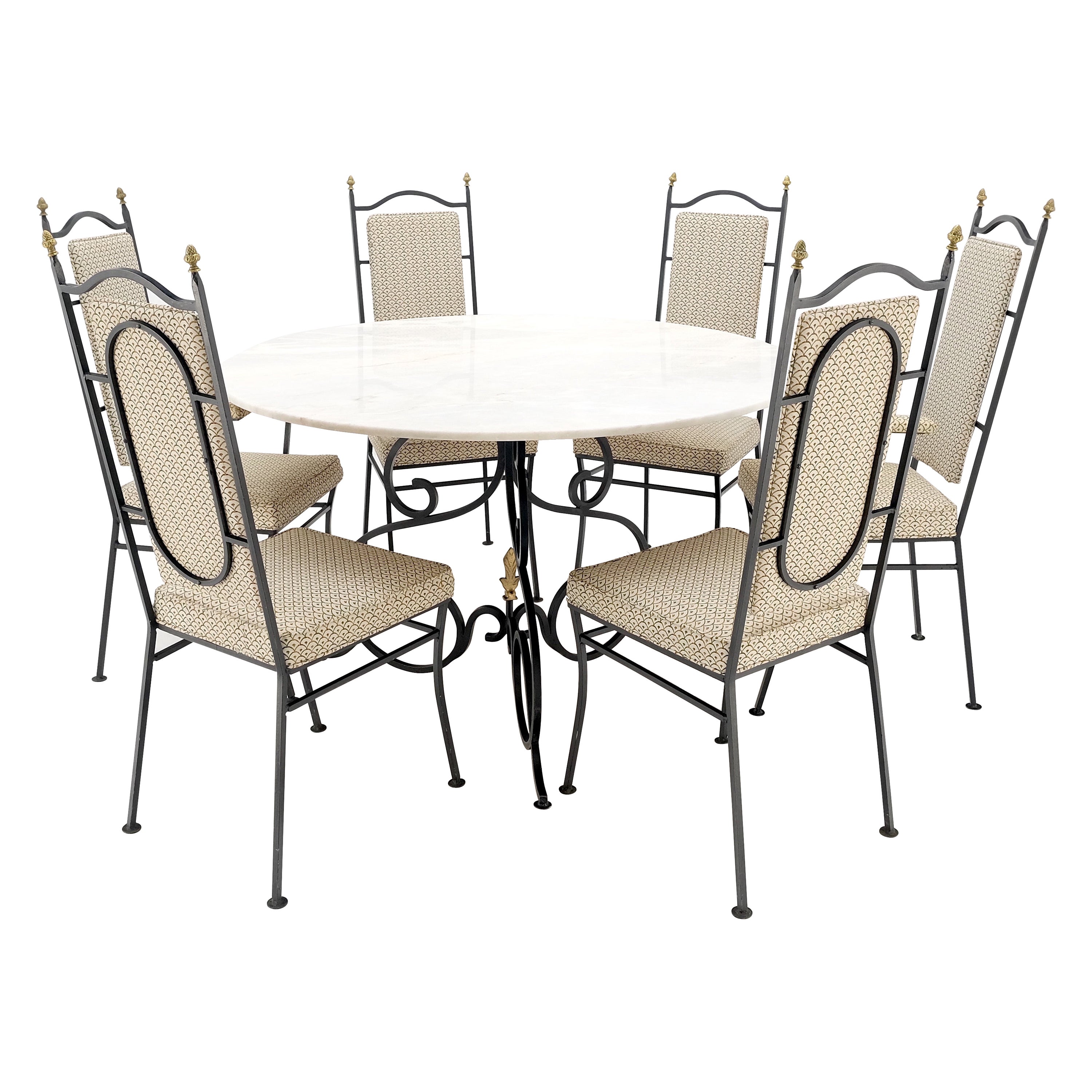 Wrough Iron Round White Marble Top Dining Table 6 Chairs w/ Brass Finials Set  For Sale