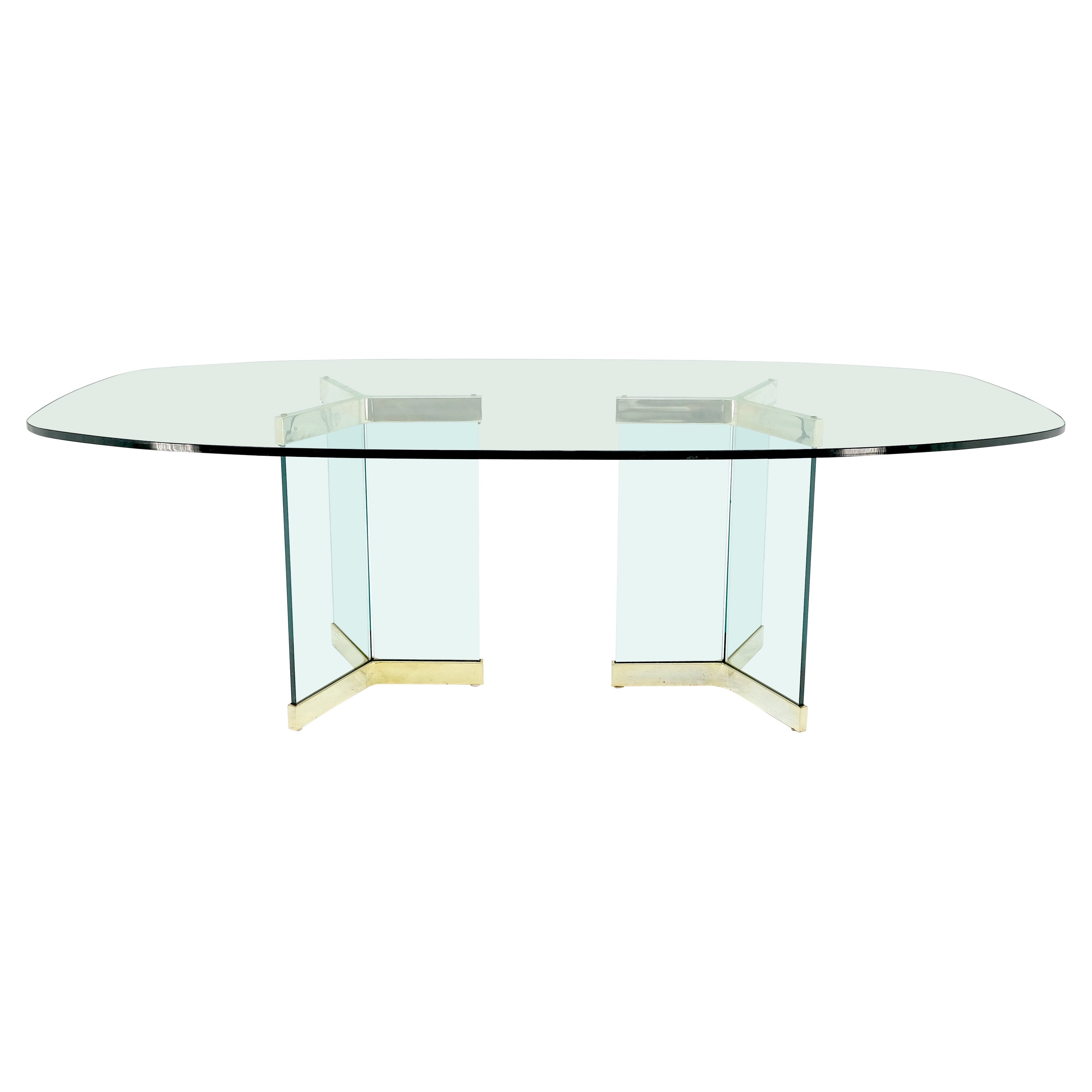 Pace Large 3/4" Glass Top Boat Shape Double Pedestal Dining Conference Table  For Sale