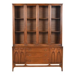 Broyhill Brasilia Sculpted Walnut Breakfront Bookcase or China Cabinet, 1960s