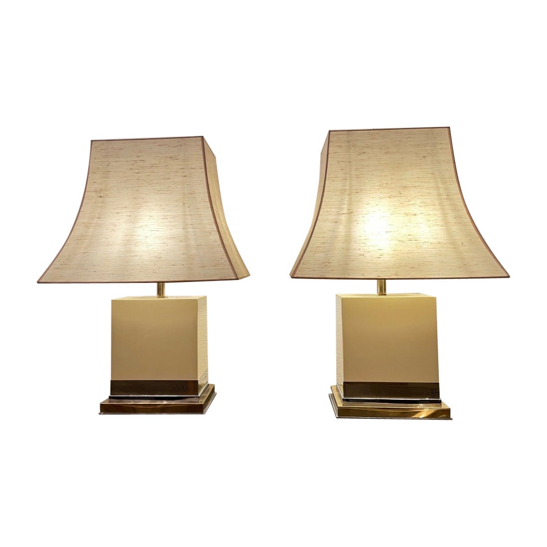 Pair of White Ivory Lacquered Wood & Brass Lamps by Jean Claude Mahey, ca. 1970s For Sale