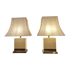 Vintage Pair of White Ivory Lacquered Wood & Brass Lamps by Jean Claude Mahey, ca. 1970s