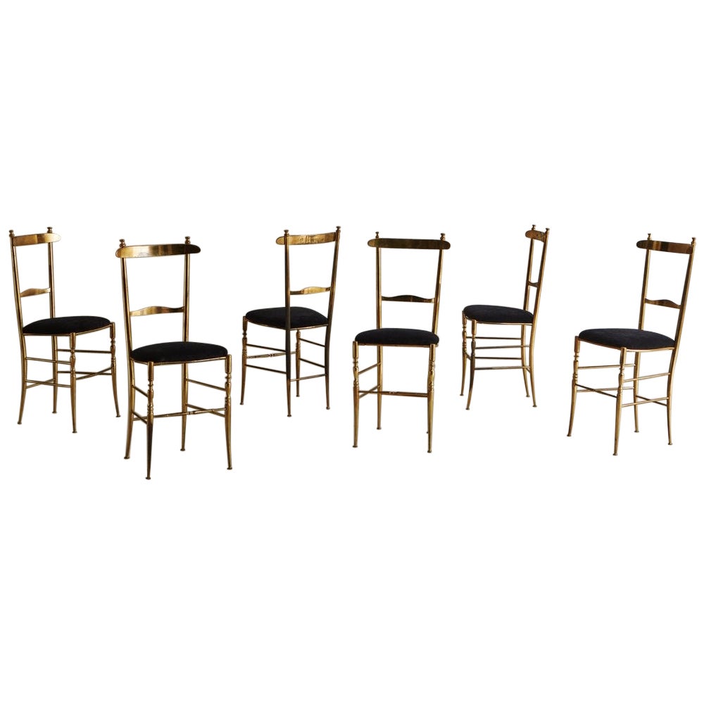 Set of 6 Brass Chiavari Chairs in Black Velvet, Italy 20th Century