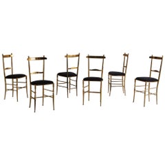 Set of 6 Brass Chiavari Chairs in Black Velvet, Italy 20th Century