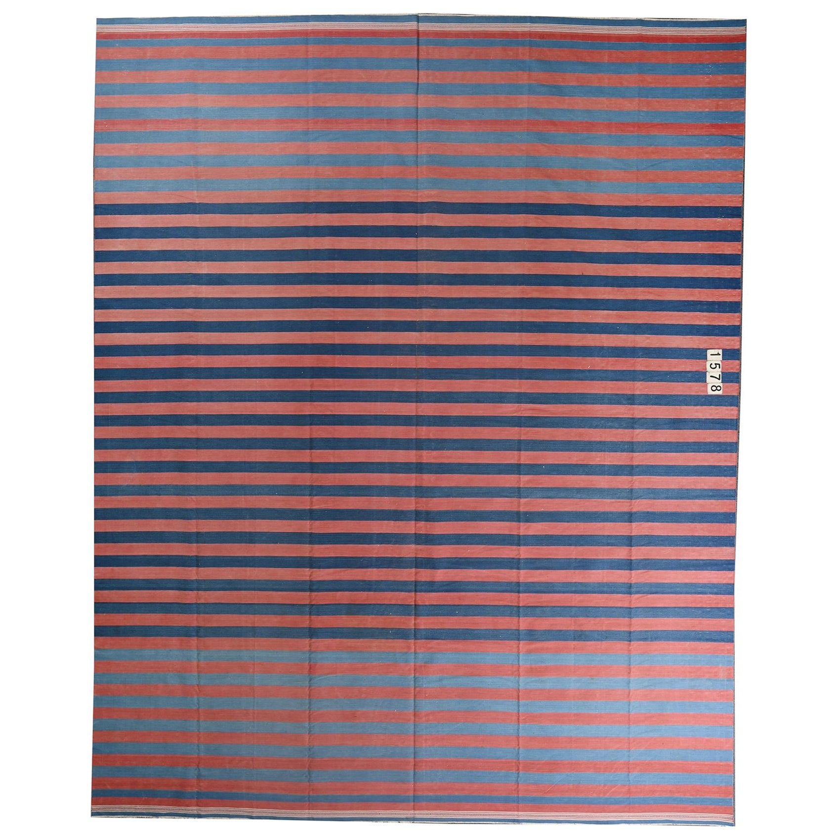 Vintage Dhurrie Flat Weave in Blue & Red Stripes by Rug & Kilim For Sale