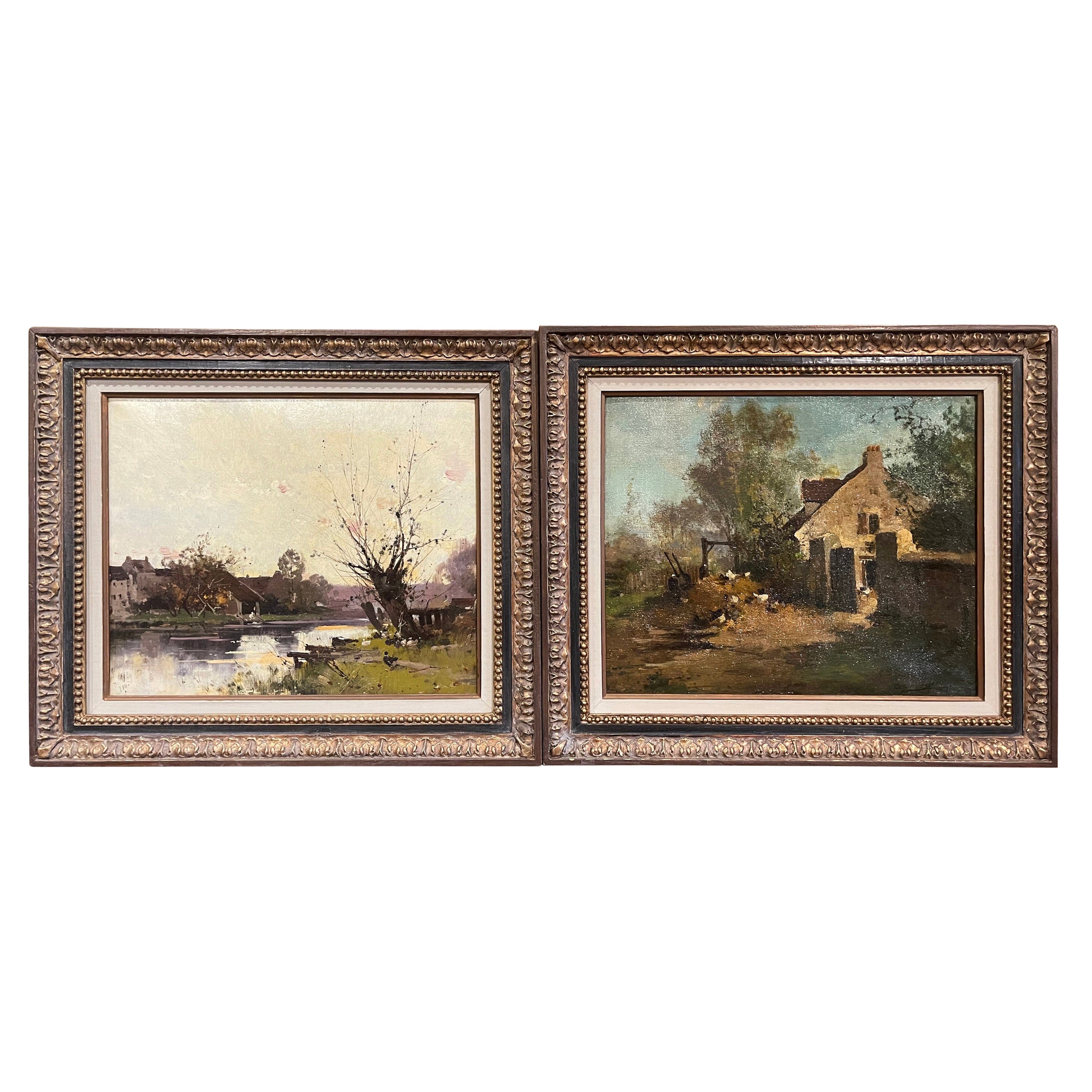 Pair 19th Century Oil Paintings in Gilt Frame Signed Lievin for E. Galien-Laloue