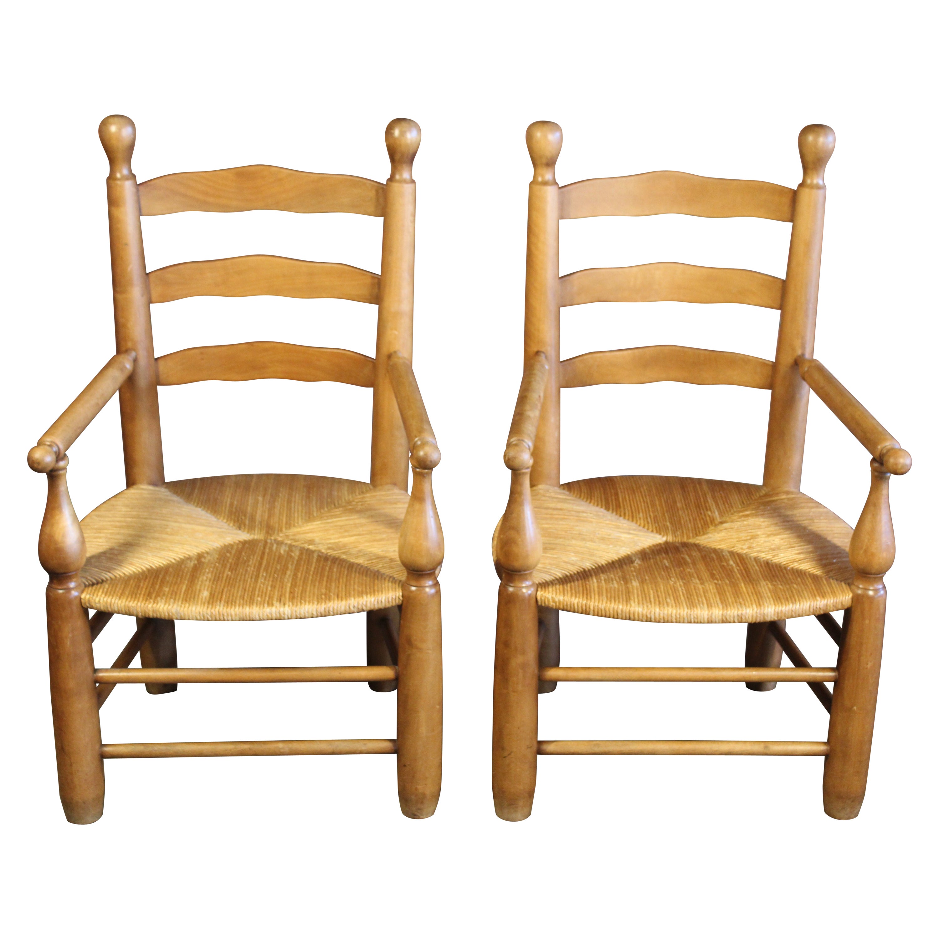Pair of 1950s French Country Armchairs with Rush Seats For Sale