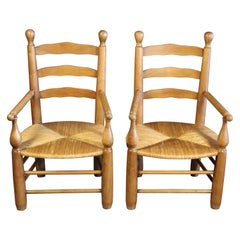 Pair of 1950s French Country Armchairs with Rush Seats