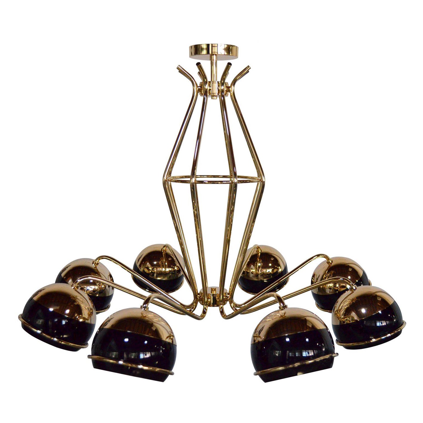 Contemporary Brass Chandelier in Gold Plated Brass and Black Glass Shades