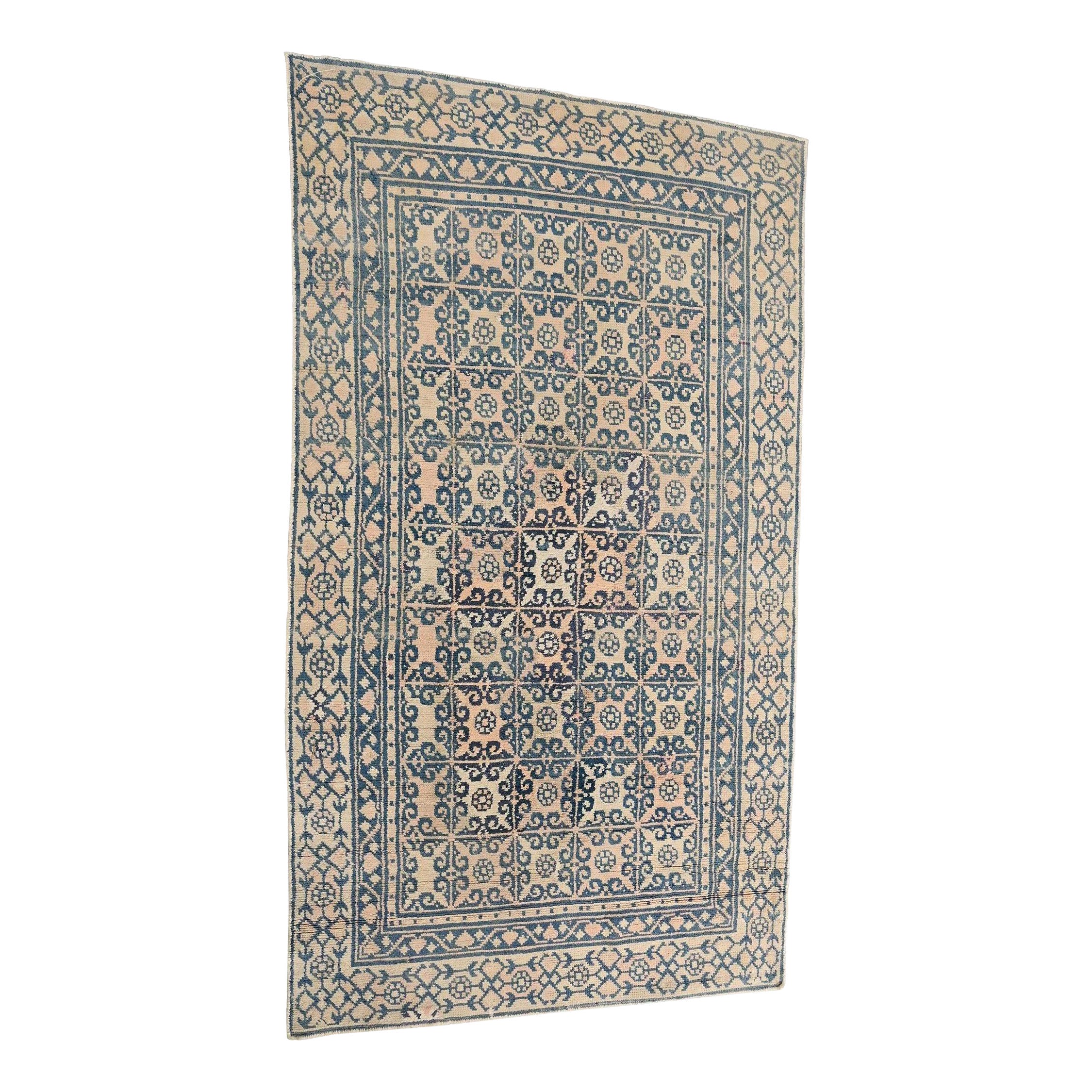 Vintage Dhurrie Flat Weave in Ivory with Blue Patterns by Rug & Kilim