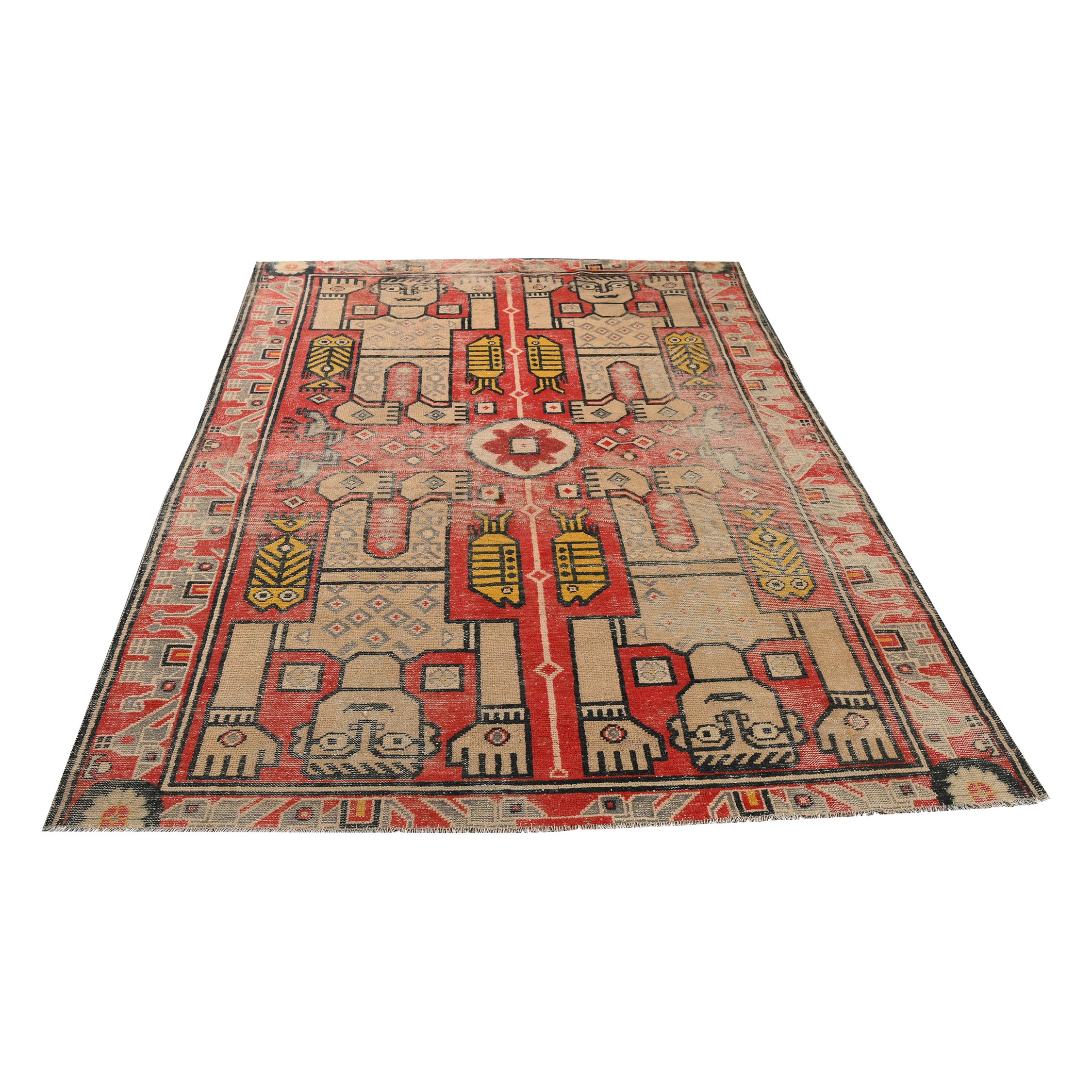 Vintage Dhurrie Flat Weave in Red with Beige Pictorials by Rug & Kilim