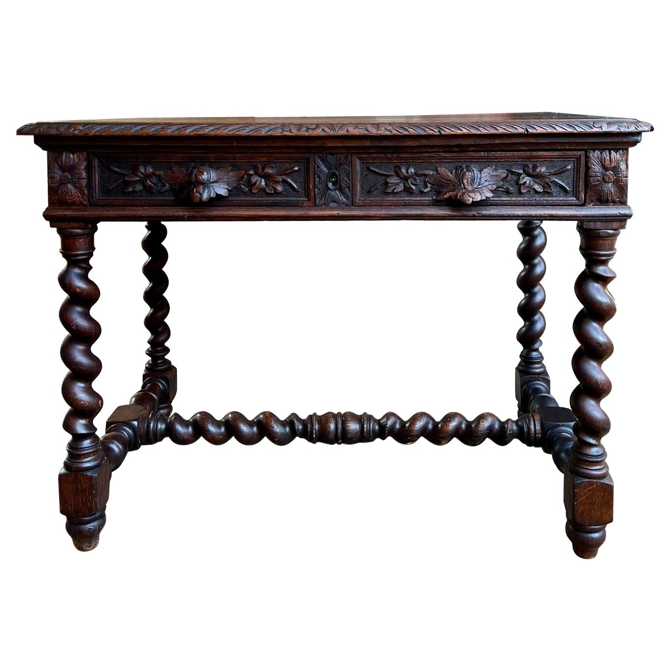 19th century French Oak Sofa Table Writing Desk Carved Black Forest Barley Twist