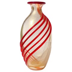 Archimede Seguso Murano Red Bands Gold Flecks Italian Art Glass Flower Vase