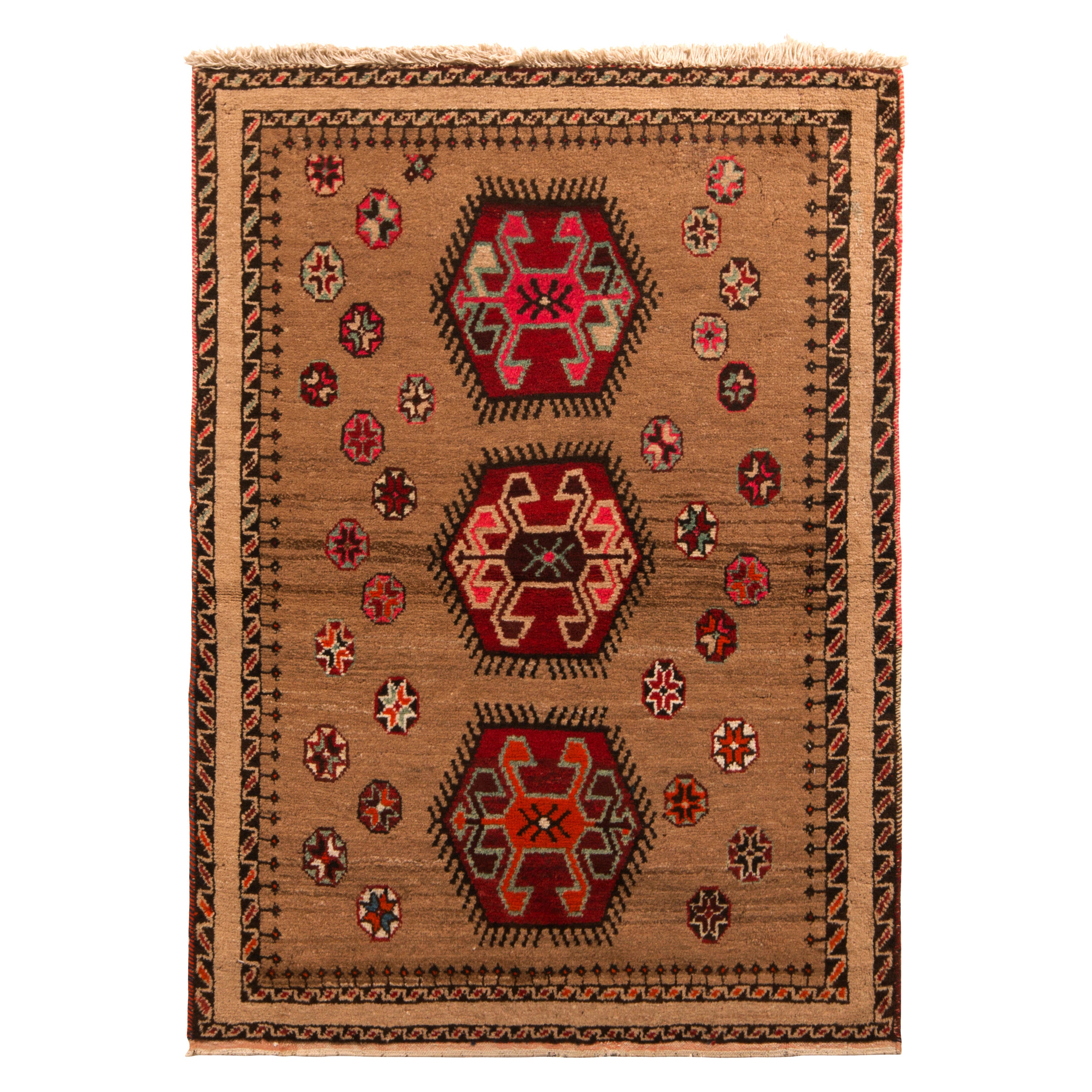 Geometrischer persischer Vintage-Teppich aus brauner und roter Wolle von Teppich & Kilim aus der Mitte des Jahrhunderts im Angebot