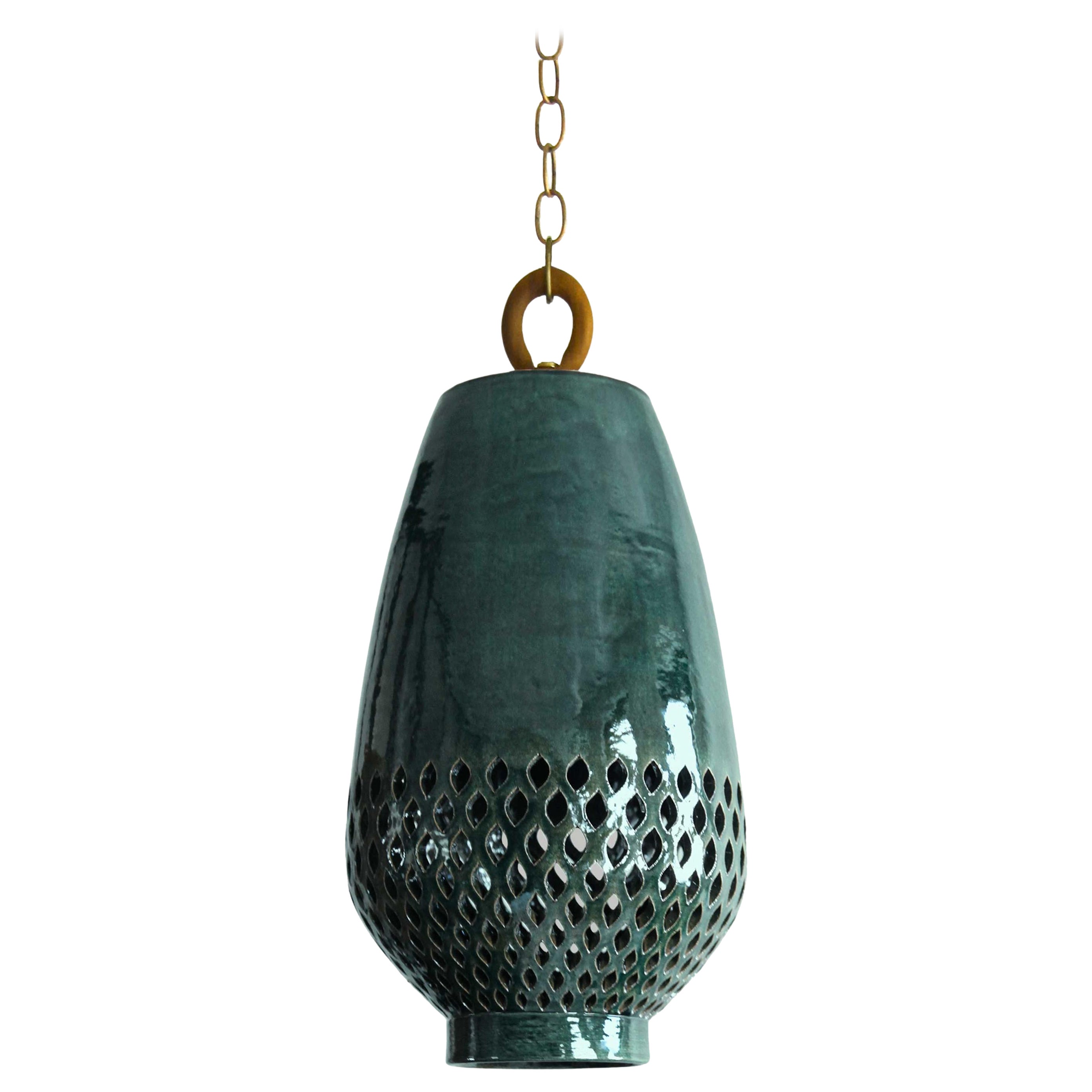 Grande lampe à suspension en céramique émeraude, laiton vieilli, diamants, collection Atzompa