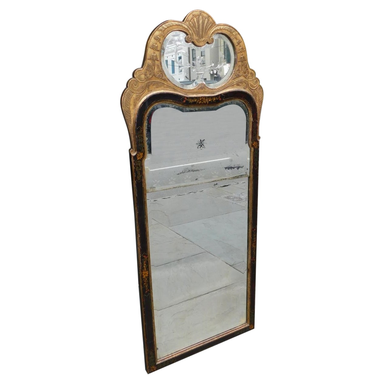 English Queen Anne Chinroserie Giltwood and Gesso Ebonized Wall Mirror, C. 1720 For Sale