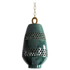 Large Emerald Ceramic Pendant Light, Natural Brass, Ajedrez Atzompa Collection