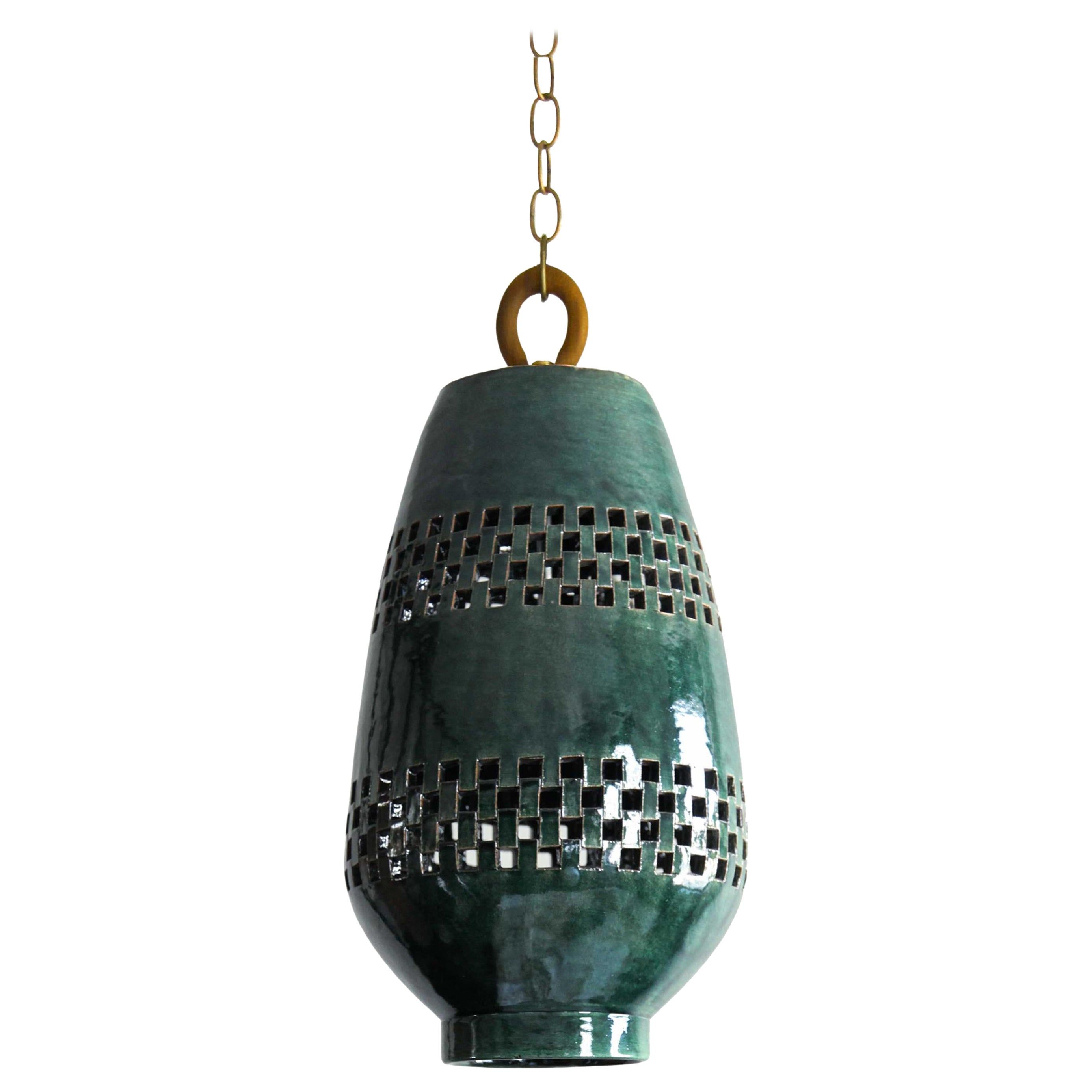 Large Emerald Ceramic Pendant Light, Aged Brass, Ajedrez Atzompa Collection For Sale