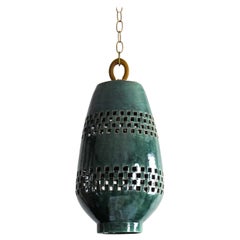Large Emerald Ceramic Pendant Light, Aged Brass, Ajedrez Atzompa Collection
