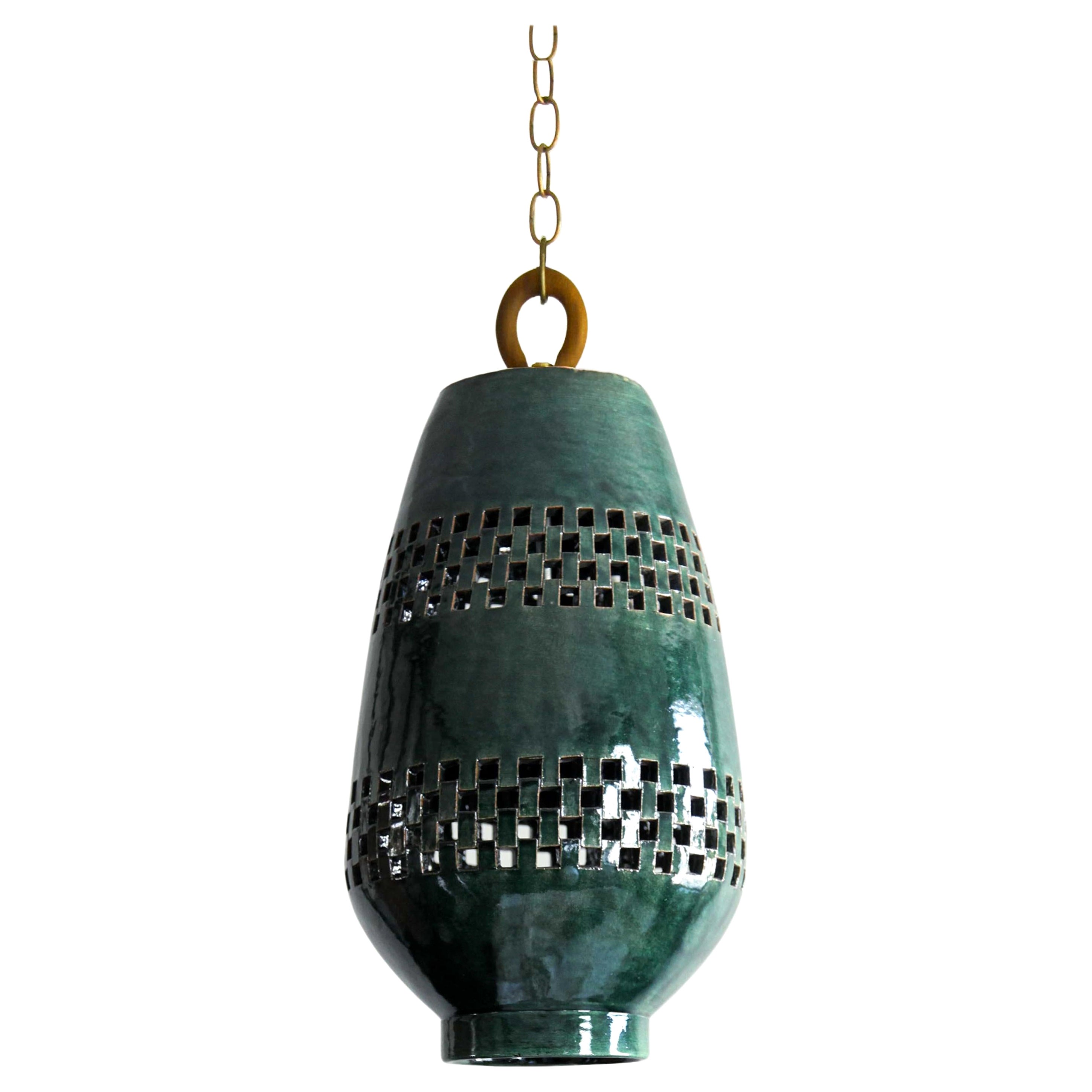 Large Emerald Ceramic Pendant Light, Oiled Bronze, Ajedrez Atzompa Collection For Sale