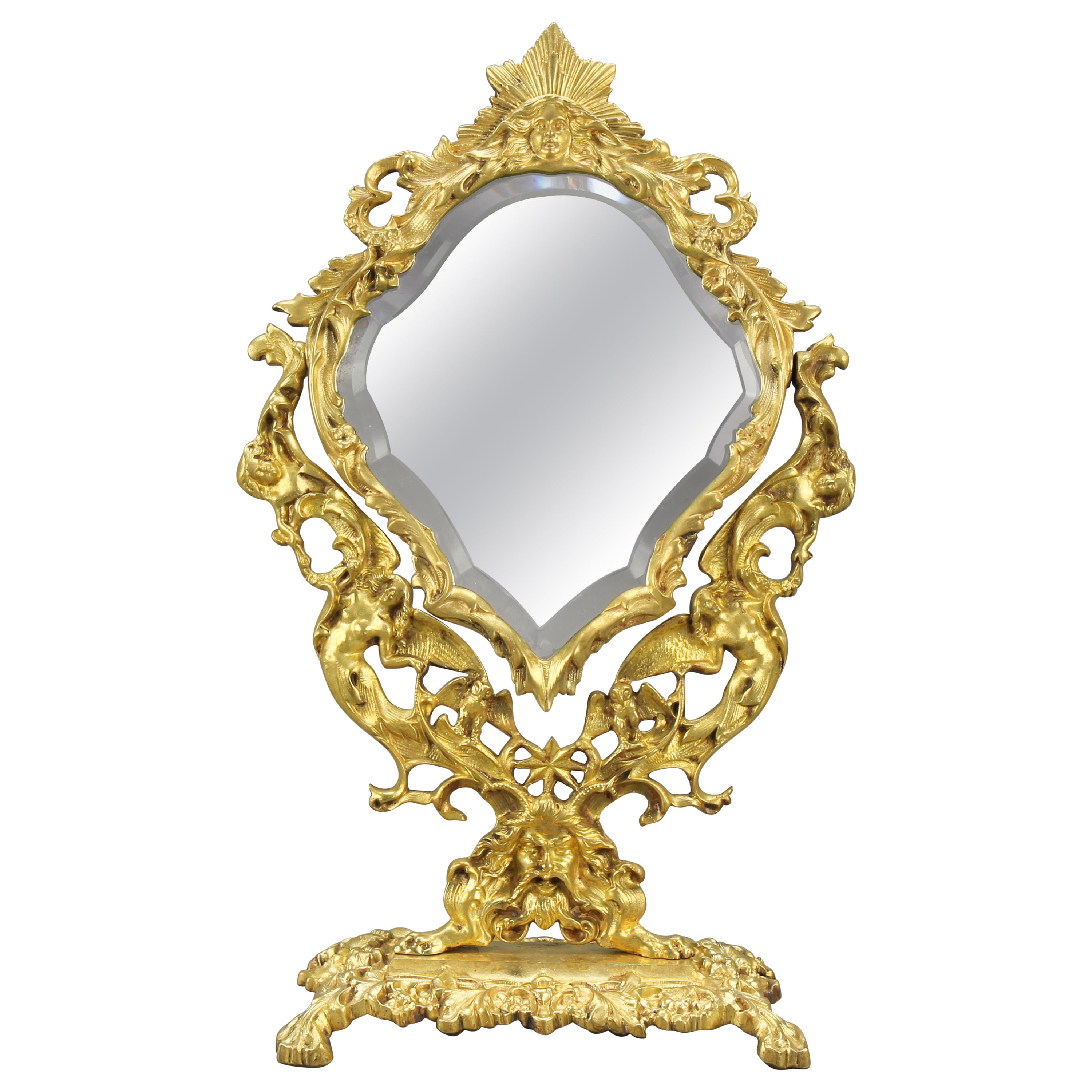 French Louis XIV Style Bronze and Brass Faceted Desktop Mirror  For Sale