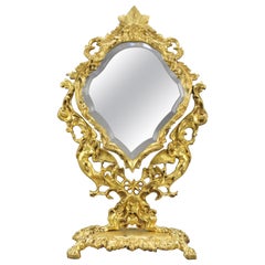 French Louis XIV Style Bronze and Brass Faceted Desktop Mirror 