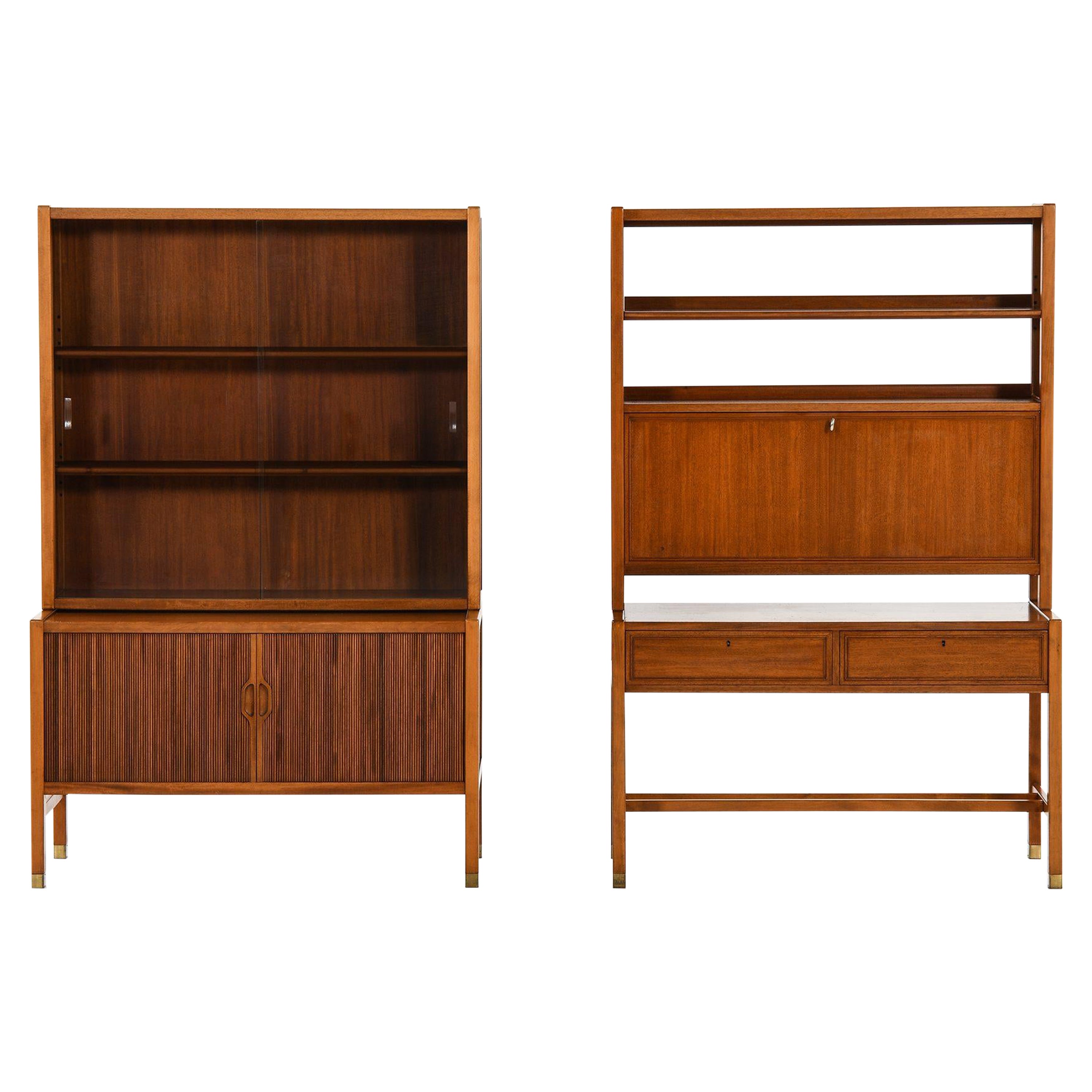 Pair of Cabinets in Walnut, Brass and Glass by Carl-Axel Acking, 1950's
