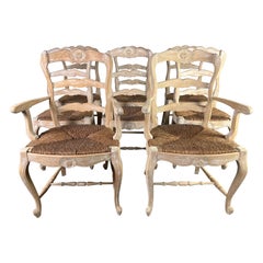 Eight French Ladder Back Dining Chairs with Rush Seats