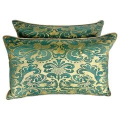 Vintage Pair of Custom Green & Metallic Gold Printed Linen Pillows