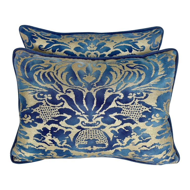 Pair of Corone Patterned Blue Fortuny Pillows For Sale at 1stDibs