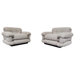Mid-Century Modern Pair of Italian Armchairs, New upholstery Beige Boucle Fabric