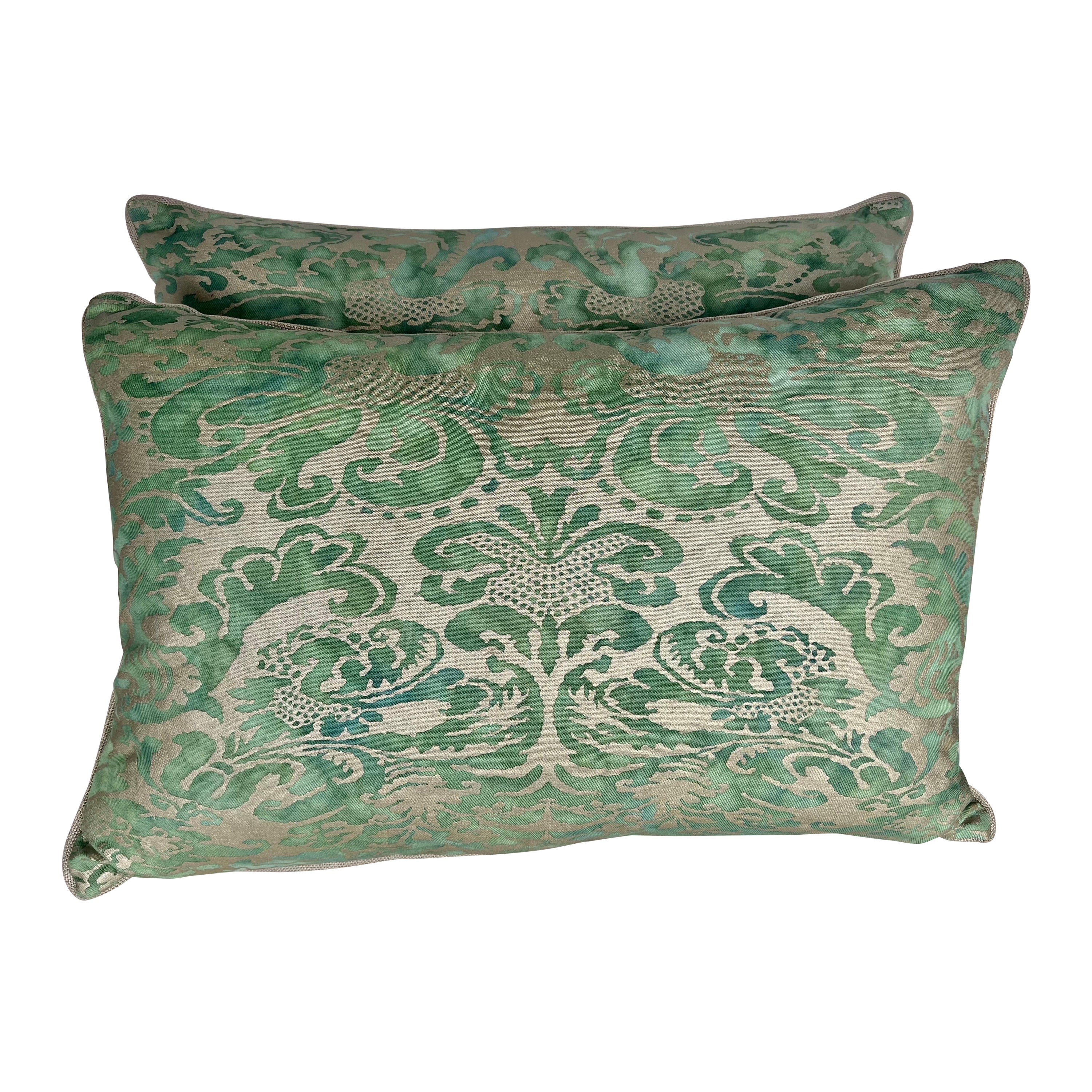 Pair of Custom Green & Gold Fortuny Pillows 