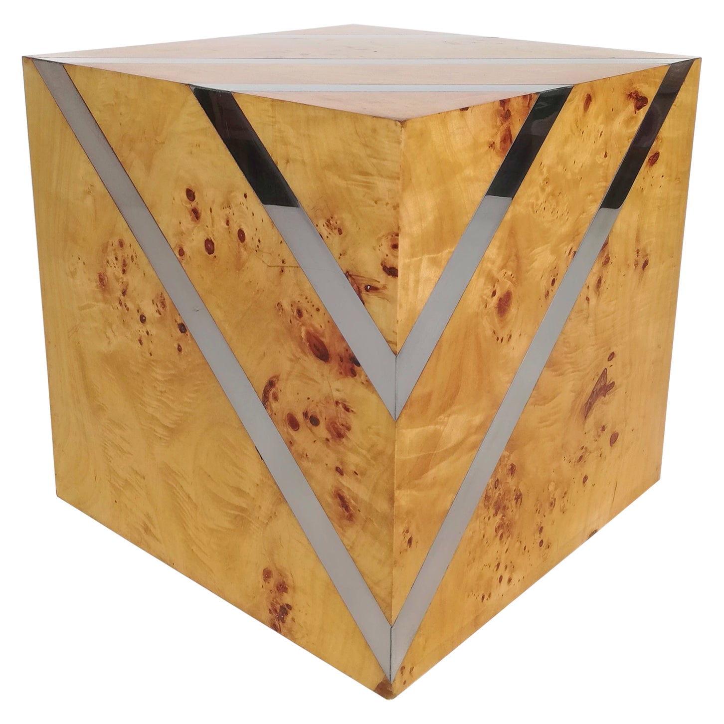 Mid-Century Cube End Table in Birch Burl & Chromed Metal, Italy, 1970s For Sale